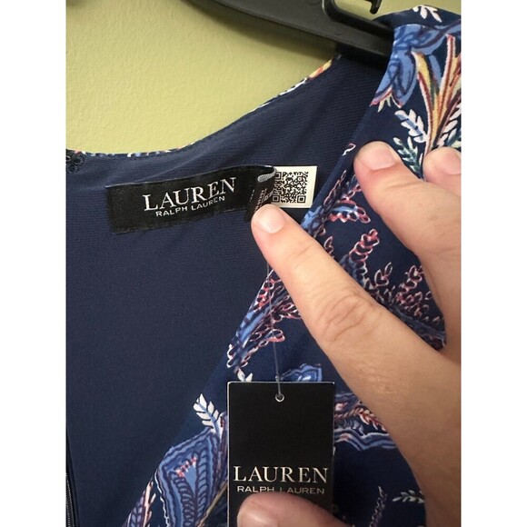 NWT‎ Lauren Ralph Lauren Floral Jersey Dress Sz 14 Stretch Navy Blue Long Sleeve - Picture 5 of 12
